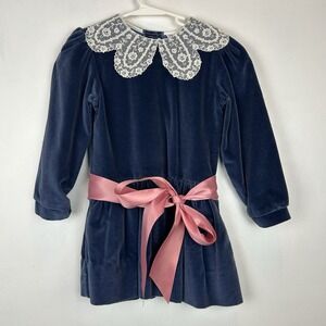 Vintage Velvet Dress Girls 6 Lace Trim Collar Blue Cottage Core 80s Drop Waist